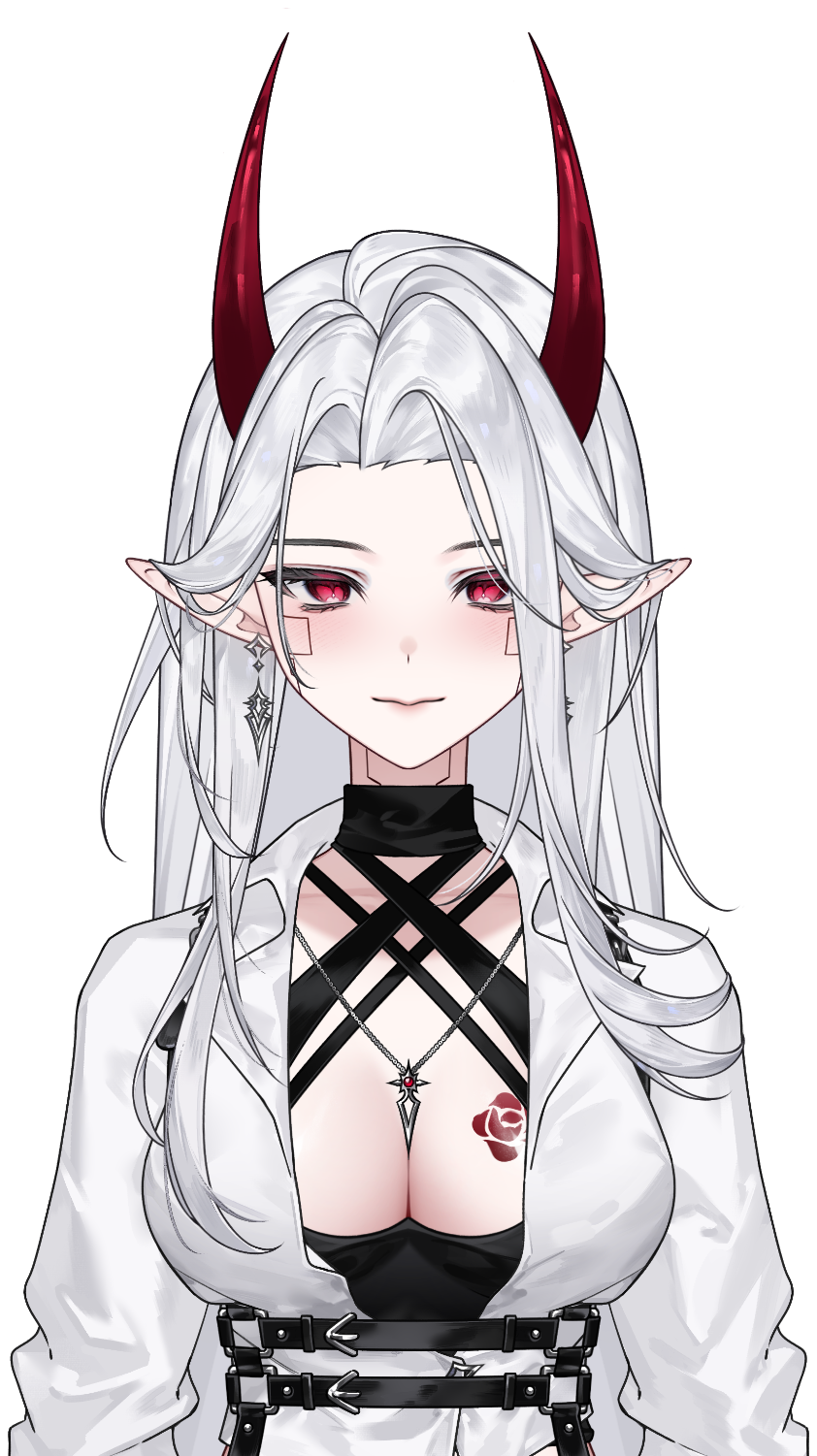 Daeris official Ivory model portrait with silver hair, crimson horns, and red eyes